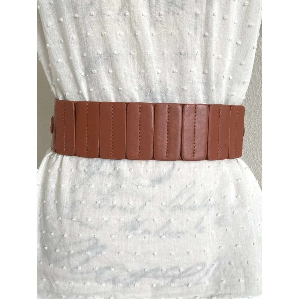 Corset Faux Leather Brown Wide Waist Belt Western Thick Stretch Gold Buckle